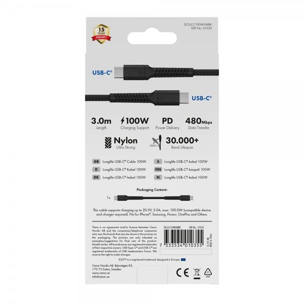X2O USB-C til USB-C Kabel Longlife 100W 3m Sort