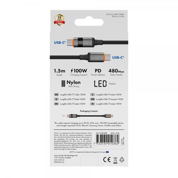 X2O USB-C til USB-C Kabel Longlife LED-display 100W 1.5m Sort