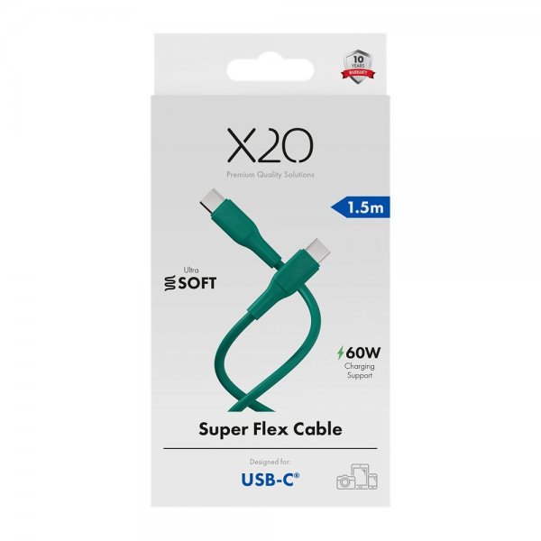 X2O USB-C til USB-C Kabel Superflex 60W 1.5m Grøn