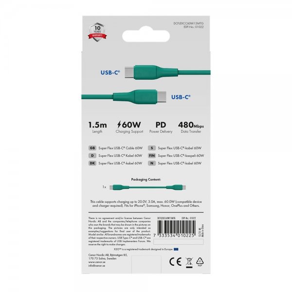 X2O USB-C til USB-C Kabel Superflex 60W 1.5m Grøn