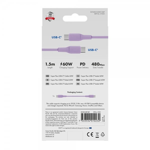X2O USB-C til USB-C Kabel Superflex 60W 1.5m Rosa