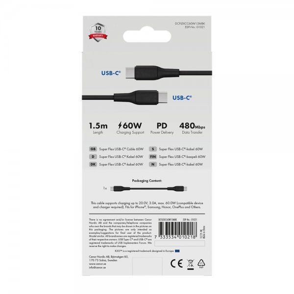 X2O USB-C til USB-C Kabel Superflex 60W 1.5m Sort