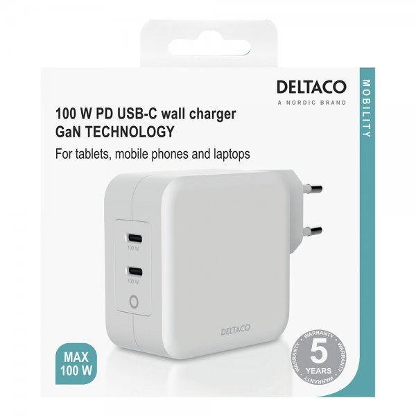 Deltaco Vægoplader 2xUSB-C PD GaN 100W