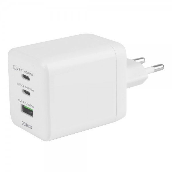 Deltaco Vægoplader GaN 1x USB-A 2x USB-C PPS 100W