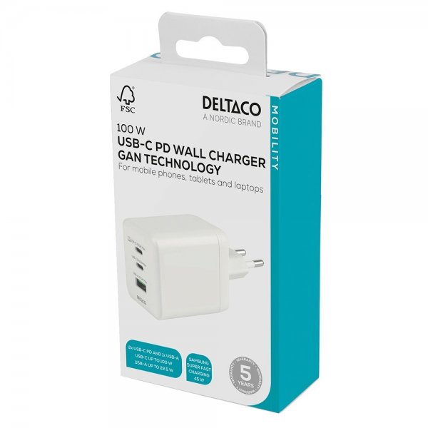 Deltaco Vægoplader GaN 1x USB-A 2x USB-C PPS 100W