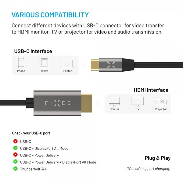 Fixed Videokabel USB-C til HDMI 4K/60Hz 2m