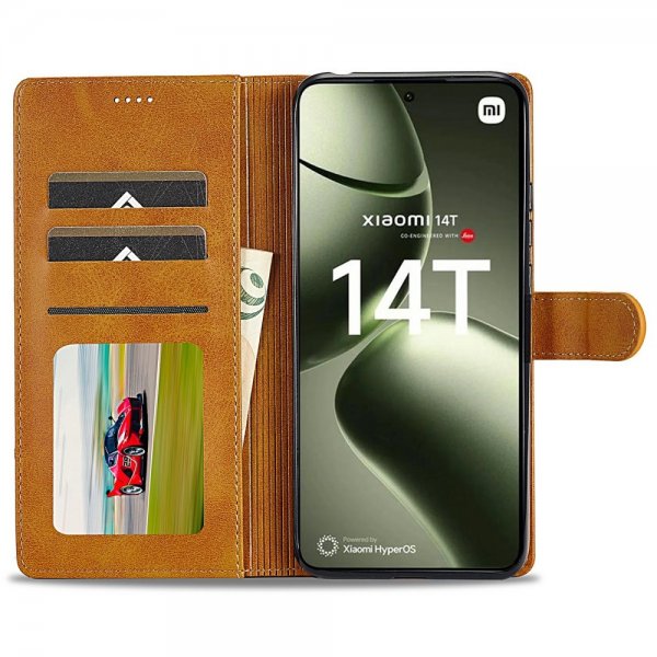 Lc.Imeeke Xiaomi 14T Cover med Kortlomme og Stativfunktion Lysebrun