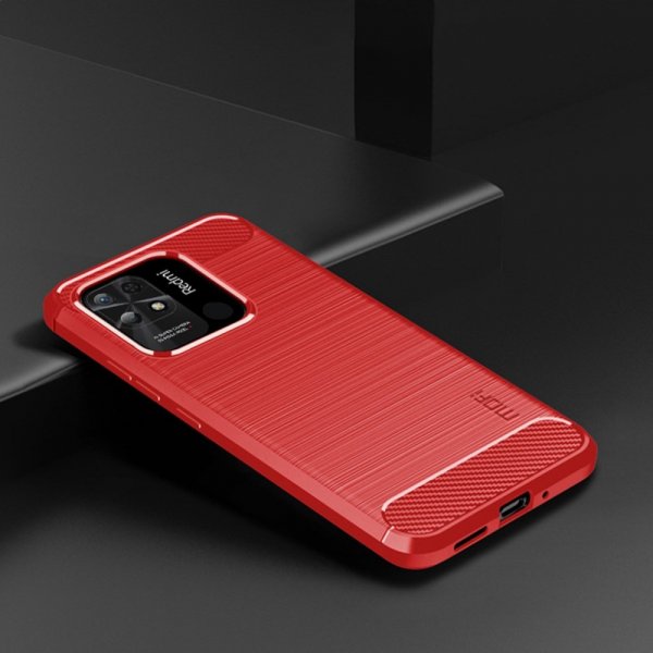 Mofi Xiaomi Redmi 10C Etui Børstet Kulfibertekstur Rød