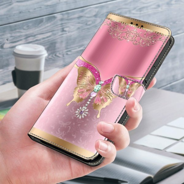 Xiaomi Redmi 12C Cover Motiv Sommerfugl Rosa og Guld