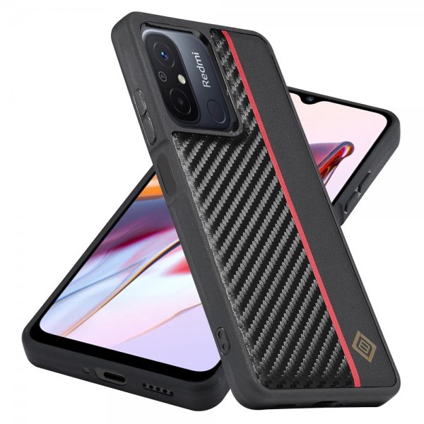 Lc.Imeeke Xiaomi Redmi 12C Cover Kulfibertekstur Rød Stribe Sort