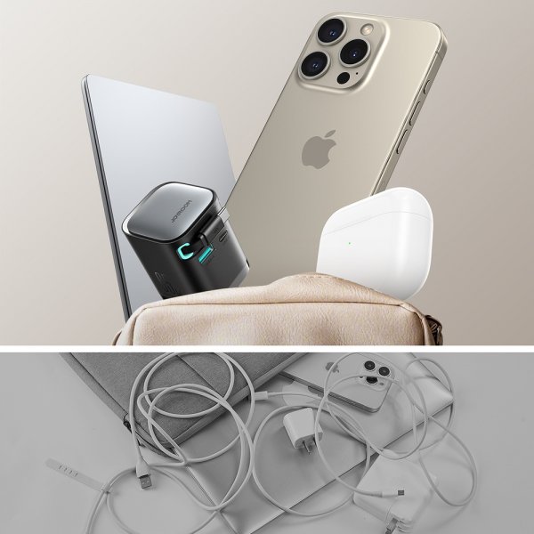 Joyroom 65W Vægoplader med indbygget USB-C kabel & USB-A/USB-C udtag Sort