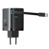 Joyroom 65W Vægoplader med indbygget USB-C kabel & USB-A/USB-C udtag Sort