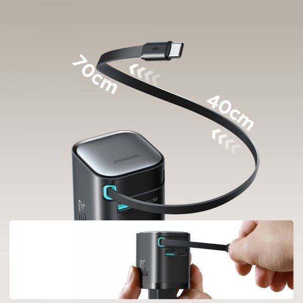 Joyroom 65W Vægoplader med indbygget USB-C kabel & USB-A/USB-C udtag Sort