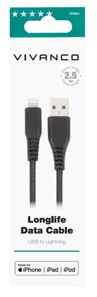 Vivanco Kabel Longlife Braided USB-A/Lightning 2.5m Sort