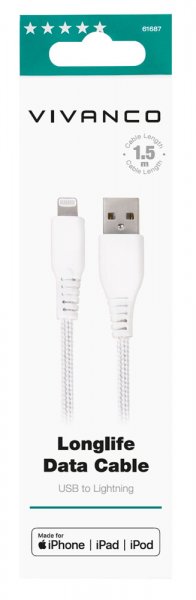 Vivanco Kabel Longlife Flettet USB-A/Lightning 1.5m Hvid