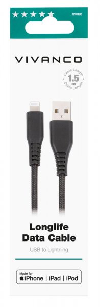 Vivanco Kabel Longlife Braided USB-A/Lightning 1.5m Sort