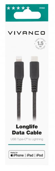 Vivanco Kabel Longlife Braided USB-C/Lightning 1.5m Sort
