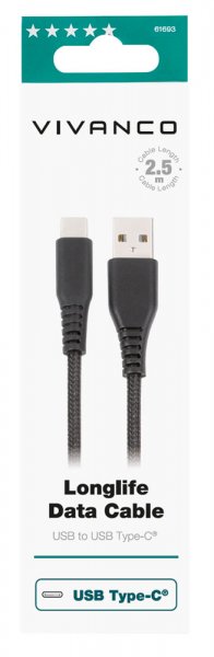 Vivanco Kabel Longlife Braided USB-A/USB-C 2.5m Sort