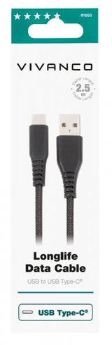 Vivanco Kabel Longlife Braided USB-A/USB-C 2.5m Sort