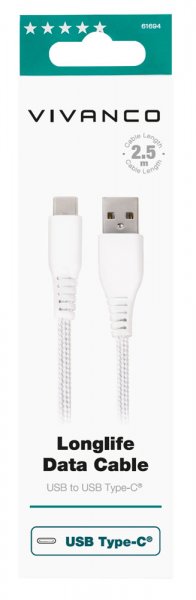 Vivanco Kabel Longlife Braided USB-A/USB-C 2.5m Hvid