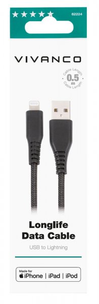 Vivanco Kabel Longlife Braided USB-A/Lightning 0.5m Sort
