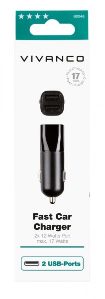 Vivanco Billader Fast Car Charger 2xUSB-A 17W Sort