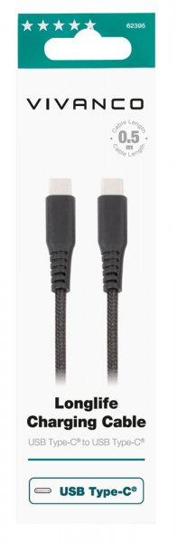 Vivanco Kabel Longlife Braided USB-C/USB-C 0.5m Sort