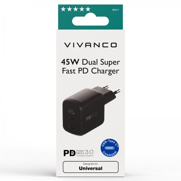 Vivanco Oplader 45W Dual Super Fast PD Oplader Sort