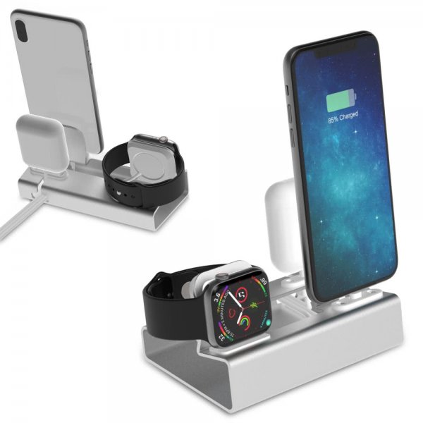 3-i-1 Holder til iPhone, Apple Watch og AirPods Sølv