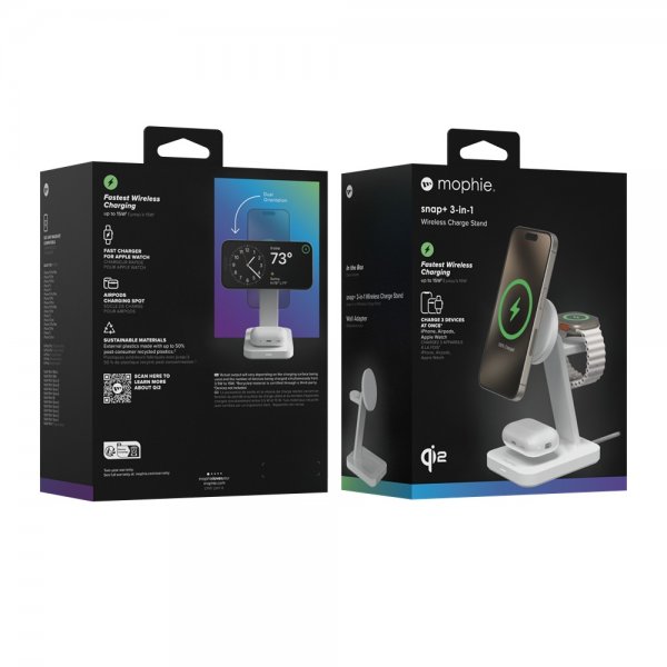 Mophie Trådløs Oplader Snap+ 3-i-1 Trådløs Opladerstander Qi2 MagSafe Hvid