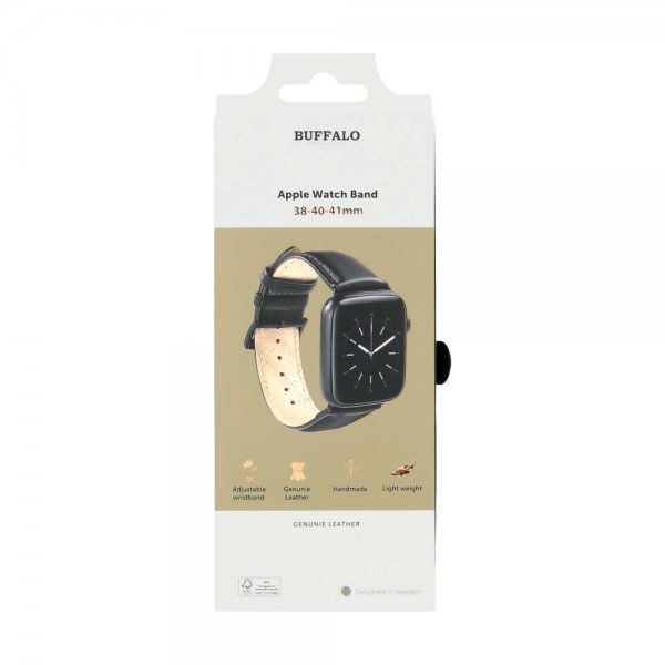Buffalo Apple Watch 38/40/41/42mm Rem Ægte Læder Sort