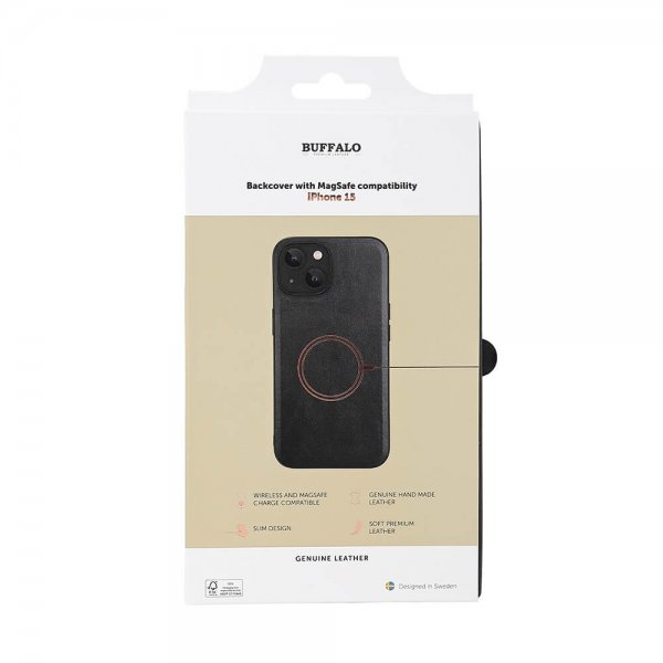 Buffalo iPhone 15 Cover Ægte Læder MagSeries Sort