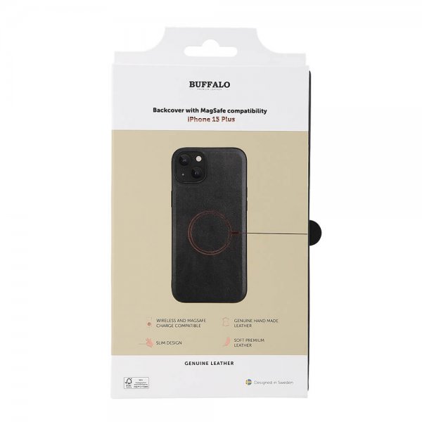 Buffalo iPhone 15 Plus Cover Ægte læder MagSeries Sort