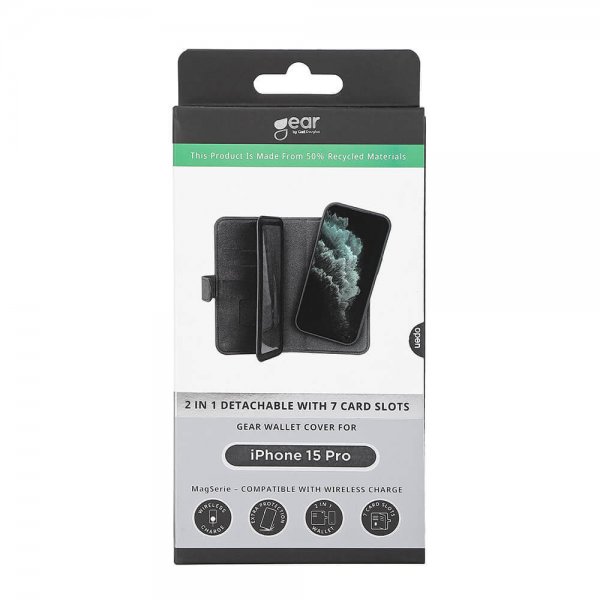 Gear iPhone 15 Pro Cover 7 Kortlommer Aftageligt Cover MagSeries Sort