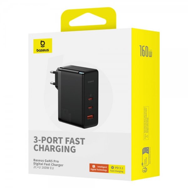 Baseus GaN5 Pro Hurtigoplader 2xUSB-C & 1xUSB-A 160W