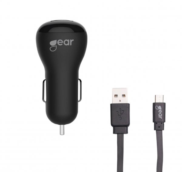 Gear Biloplader 2xUSB 2.4A Micro-USB Kabel 1m Sort