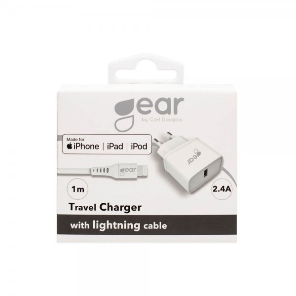 Gear Oplader 1xUSB 2.4A Lightning Kabel 1m MFI Hvid