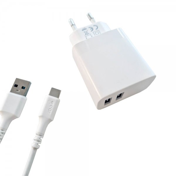 Gear Oplader 2xUSB 3.4A Hvid USB-C Kabel 1m