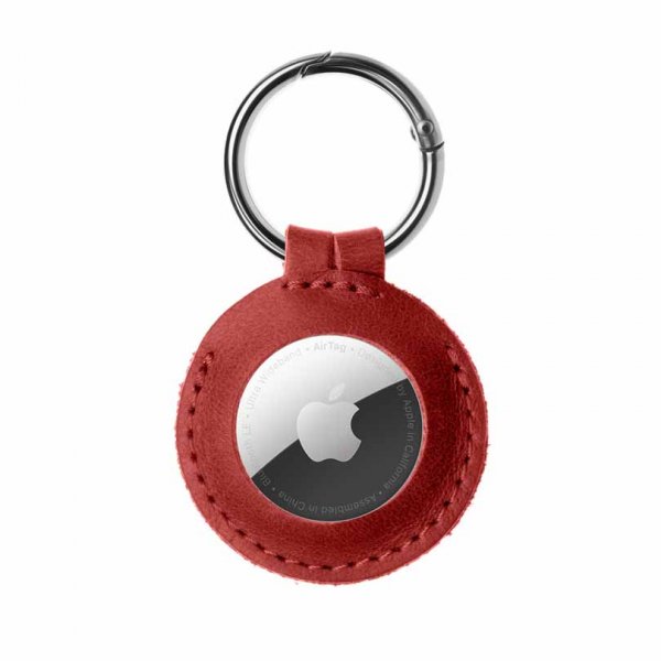Fixed Apple AirTag Holder Ægte Læder Nøglering Etui Rød