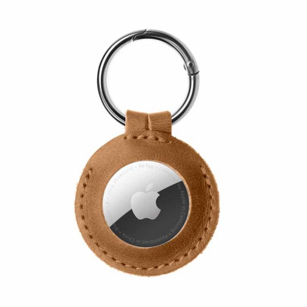 Fastgjort Apple AirTag Holder Ægte Læder Nøglering Etui Brun