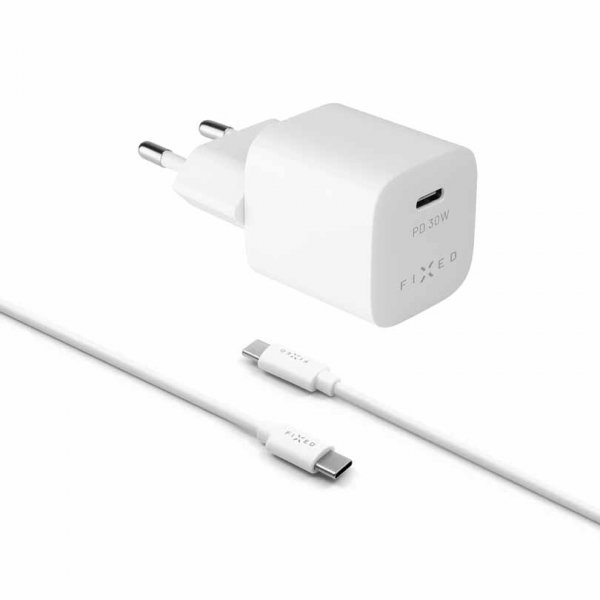 Fixed Oplader med Kabel Mini PD Travel Charger Kit USB-C/USB-C 30W Hvid