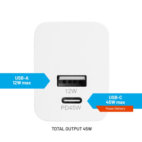 Fixed Oplader Dual Port 45W USB-C PD & USB-A
