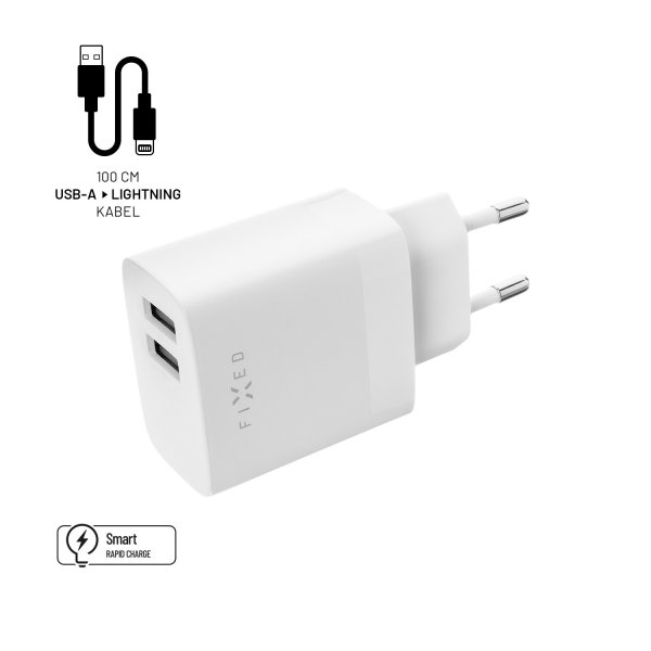 Fixed Oplader med Lightning-kabel 1m 2xUSB-A 17W Hvid
