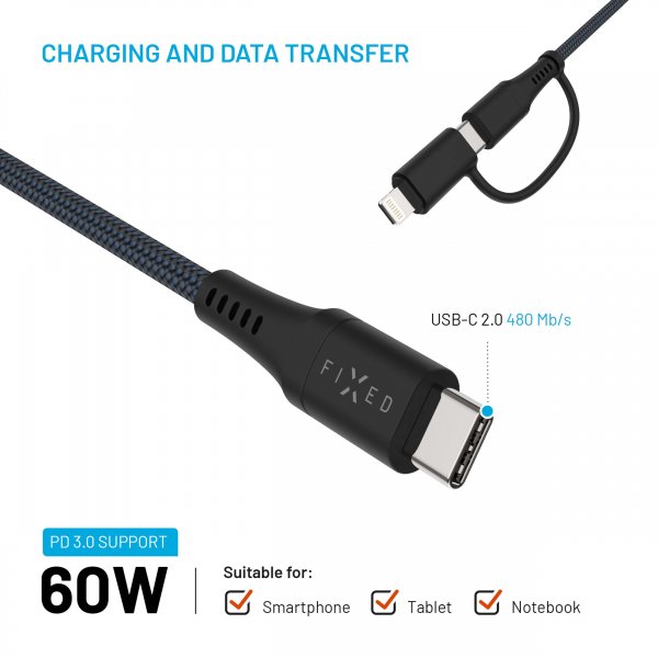 Fixed Kabel 2-i-1 USB-C/Lightning 60W 1,2m Sort