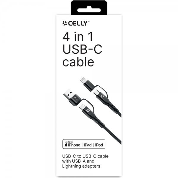 Celly Kabel 4 i 1 USB-C/USB-A/Lightning Kabel 60W 2m