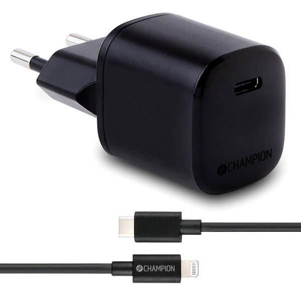 Champion Oplader med kabel Fast Charger Kit USB-C til Lightning 20W Sort