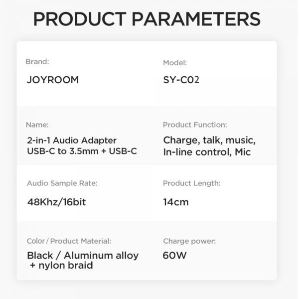 Joyroom Adapter 2-i-1 Audio Adapter USB-C til 3.5mm+USB-C