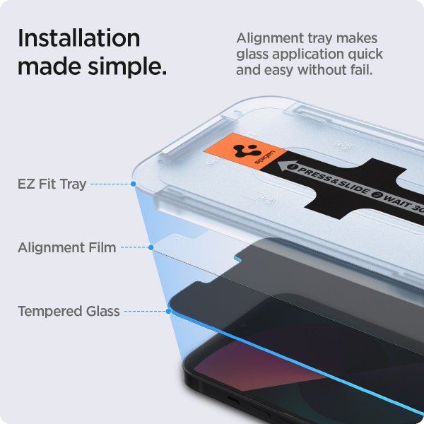 Spigen iPhone 13/13 Pro/14/16e/17e Skærmbeskyttelse GLAS.tR EZ Fit Privacy 2-pak