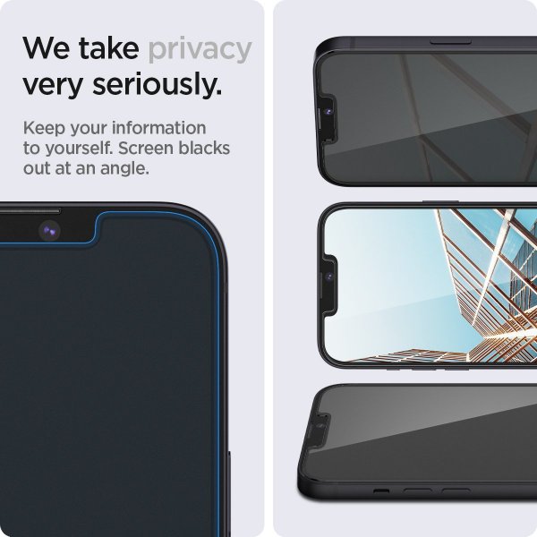 Spigen iPhone 13/13 Pro/14/16e/17e Skærmbeskyttelse GLAS.tR EZ Fit Privacy 2-pak