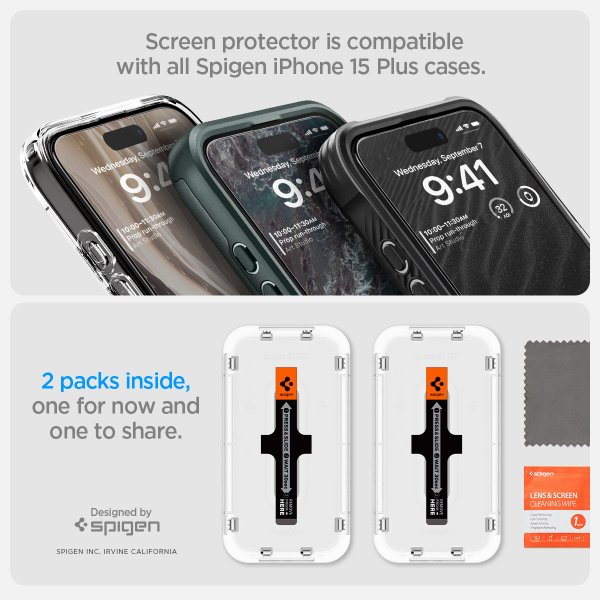 Spigen iPhone 15 Plus Skærmbeskyttelse GLAS.tR EZ Fit FC Sort 2-pak
